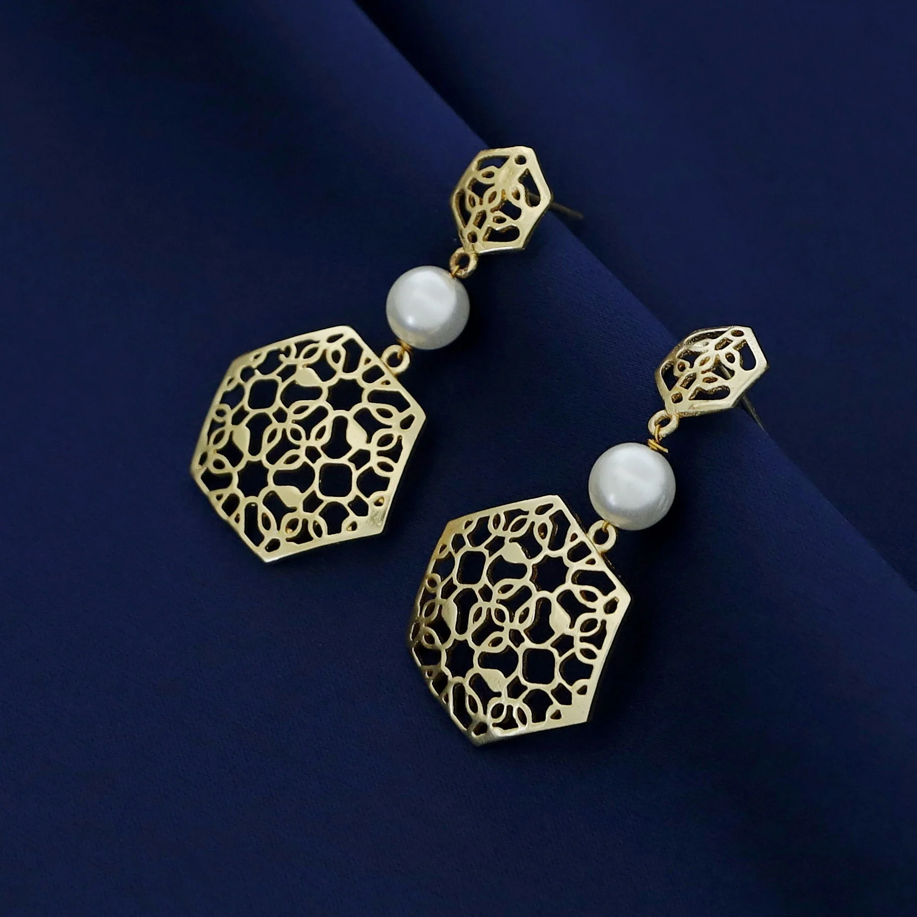 Golden Dual Hexagon Pearl Earring - Image 3